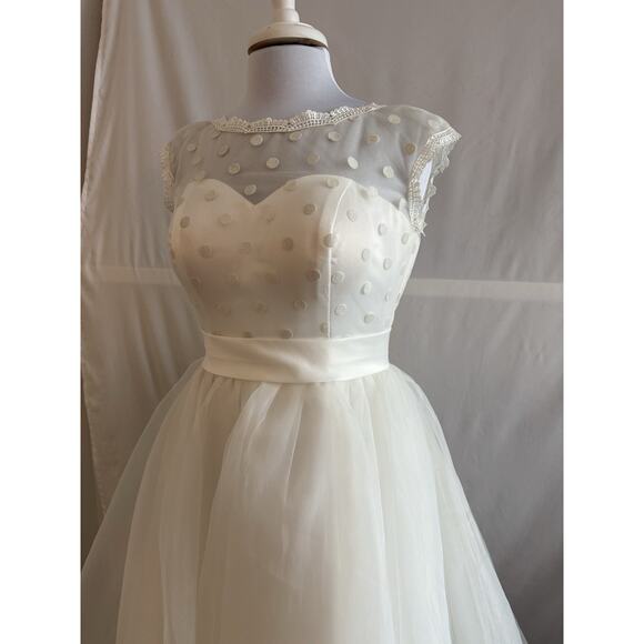 Retro 50s Polka Dot Mesh Tea Length Women's 8 Dress Wedding Pinup Old Hollywood - Picture 3 of 10